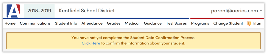 A screenshot showing the Student Data Confirmation alert at the top of the Aeries Parent Portal page.